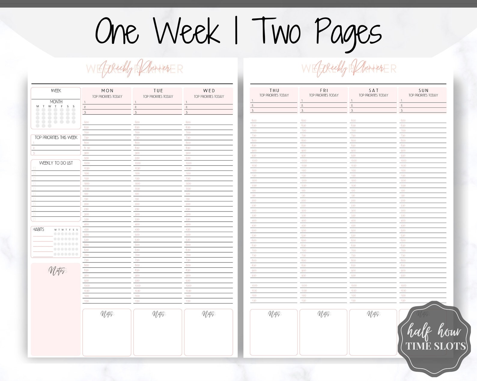 Weekly Planner Printable Hourly Planner Week on 2 pages | Etsy