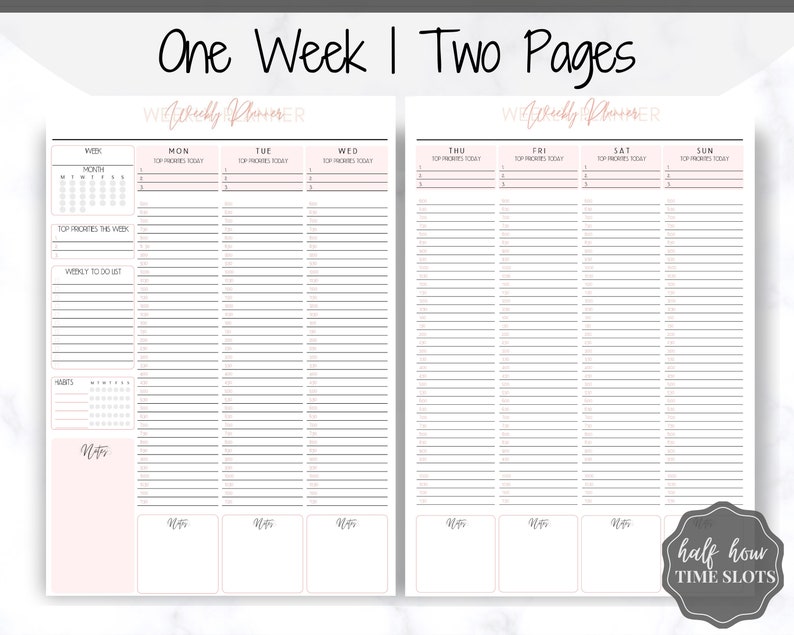 Weekly Planner Printable Hourly Planner Week on 2 pages | Etsy