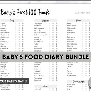Babyvoeding Tracker afdrukbare BUNDEL, Baby's eerste voedsel, maaltijdplanner, voedingsdagboek, dagelijks logboek, 100 voedingsmiddelen vóór 1, baby geleid spenen, rapport