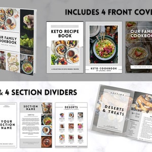 Puede incluir: Una descarga digital de plantillas imprimibles para un libro de cocina keto. La portada presenta una foto de una ensalada con un t&iacute;tulo que dice "Keto Cookbook". La descarga incluye 4 portadas y 4 divisores de secci&oacute;n.