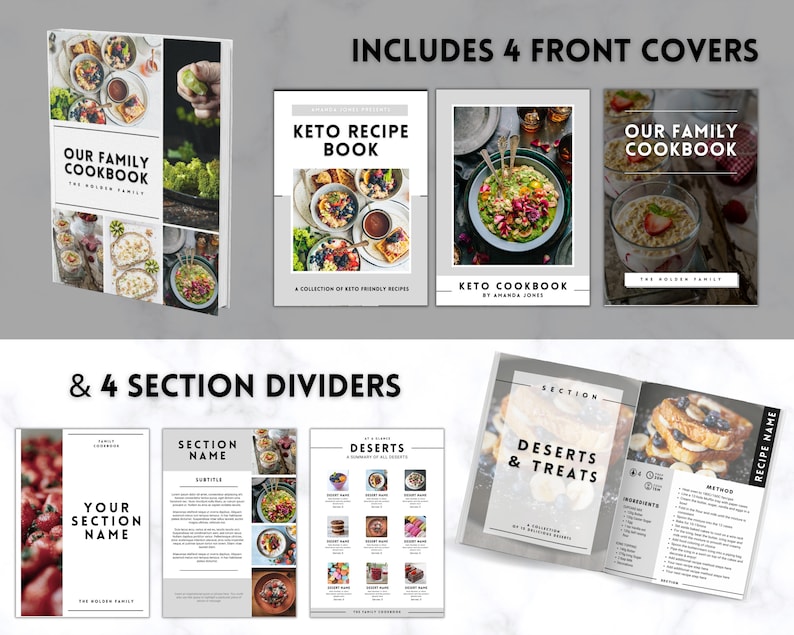 Puede incluir: Una descarga digital de plantillas imprimibles para un libro de cocina keto. La portada presenta una foto de una ensalada con un t&iacute;tulo que dice "Keto Cookbook". La descarga incluye 4 portadas y 4 divisores de secci&oacute;n.