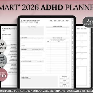 May include: Digital 2026 ADHD planner displayed on multiple tablets. The planner includes sections for daily schedules, priorities, and self-care. Features include Apple & Google calendar integration. Dated from November 2025 to December 2026.