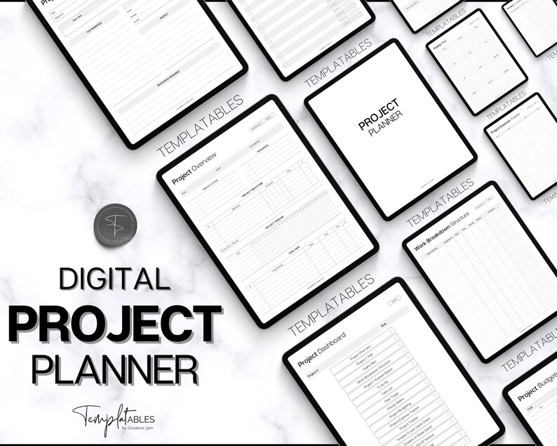 May include: A digital project planner with multiple templates for project management. The templates include a project overview, project dashboard, work breakdown structure, and project budget.