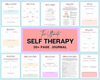 Självterapijournal, arbetsbok för självterapi på över 30 sidor, KBT, handledningar för guidad journal, utskrivbara arbetsblad, skuggarbete, mindfulness, färgglad