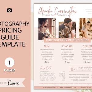 May include: A pink and white photography pricing guide template with a photo of a couple in the background. The guide lists three packages: Mini, Classic, and Deluxe, with prices and descriptions for each. The guide also includes a "A la Carte" section with prices for additional services.