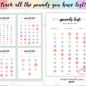 May include: A printable weight loss tracker with a pastel colour scheme. The tracker features a grid of circles, each representing one pound lost. The text "pounds lost" is written in a decorative font at the top of the page. The text "You can do this!" is written below the title. The tracker is designed to help people track their weight loss progress.