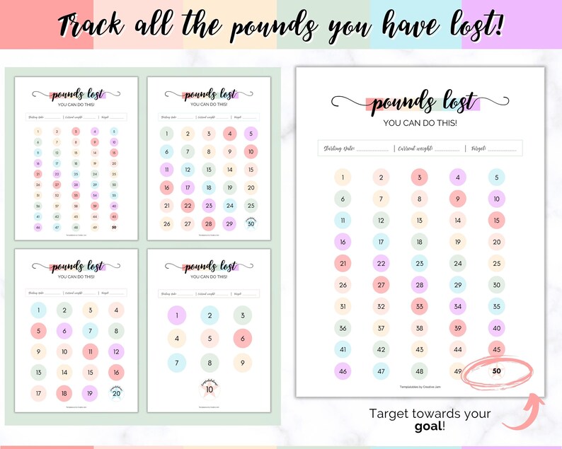 May include: A printable weight loss tracker with a pastel colour scheme. The tracker features a grid of circles, each representing one pound lost. The text "pounds lost" is written in a decorative font at the top of the page. The text "You can do this!" is written below the title. The tracker is designed to help people track their weight loss progress.