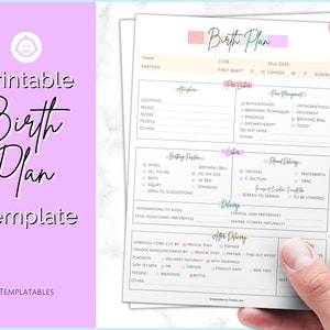 Op de afbeelding: Een printbare geboorteplan sjabloon met secties voor sfeer, pre-labor, bevalling, geplande bevalling, bevalling, na de bevalling en notities. De sjabloon is ontworpen in roze en wit met een baby-icoon in de linkerbovenhoek.