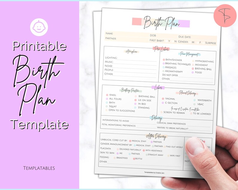 Op de afbeelding: Een printbare geboorteplan sjabloon met secties voor sfeer, pre-labor, bevalling, geplande bevalling, bevalling, na de bevalling en notities. De sjabloon is ontworpen in roze en wit met een baby-icoon in de linkerbovenhoek.