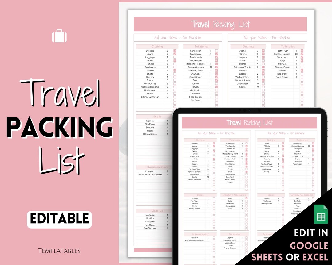 Packing List, EDITABLE Travel Packing Checklist for Google Sheets ...