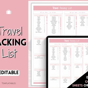 Travel Packing List, EDITABLE Packing Checklist for Google Sheets, Holiday, Vacation, Cruise, College, Wedding, Family, Travel Planner