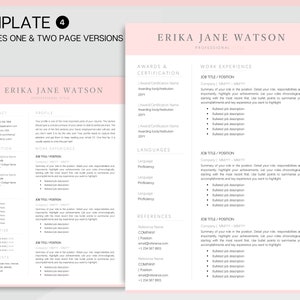 Puede incluir: Una plantilla de curr&iacute;culum vitae rosa y blanca con el texto "TEMPLATE 4" e "INCLUDES ONE & TWO PAGE VERSIONS" en la parte superior. El curr&iacute;culum es para Erika Jane Watson e incluye secciones para informaci&oacute;n de contacto, educaci&oacute;n, habilidades, experiencia, intereses, premios y certificaciones, experiencia laboral, idiomas y referencias.