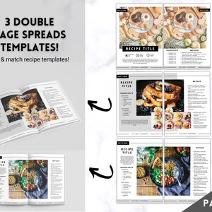 Puede incluir: Tres plantillas de doble p&aacute;gina de recetas con diferentes fotograf&iacute;as de comida. Las plantillas est&aacute;n dise&ntilde;adas para un libro de recetas o un libro de cocina. El texto en las plantillas dice "T&iacute;tulo de la receta", "Ingredientes" y "M&eacute;todo".
