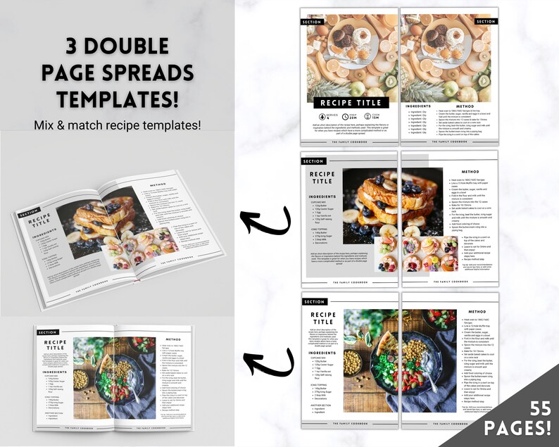 Puede incluir: Tres plantillas de doble p&aacute;gina de recetas con diferentes fotograf&iacute;as de comida. Las plantillas est&aacute;n dise&ntilde;adas para un libro de recetas o un libro de cocina. El texto en las plantillas dice "T&iacute;tulo de la receta", "Ingredientes" y "M&eacute;todo".