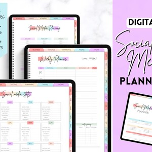 May include: Digital social media planner with pastel pink, blue, and green colors. The planner includes pages for weekly planning, social media stats, and notes. The planner is available in 12+ templates, 90+ pages, and 45+ covers.