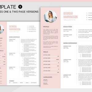 Puede incluir: Una plantilla de curr&iacute;culum vitae rosa y blanca con una foto de una mujer en la parte superior. La plantilla incluye secciones para premios y certificaciones, experiencia laboral, habilidades t&eacute;cnicas, referencias, aficiones, idiomas, educaci&oacute;n y perfil. El texto "TEMPLATE 6" est&aacute; en la parte superior de la p&aacute;gina.
