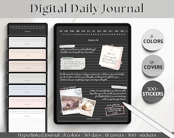 Digital Daily Journal, GoodNotes Notebook, Hyperlinked Dark Mode Digital Planner, iPad Diary, Stickers & Cover, Minimalist Note Taking Lined