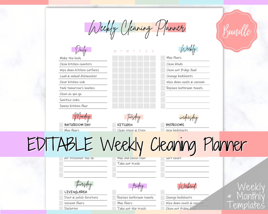 COLORFUL Cleaning Schedule, EDITABLE Cleaning Checklist, Cleaning ...