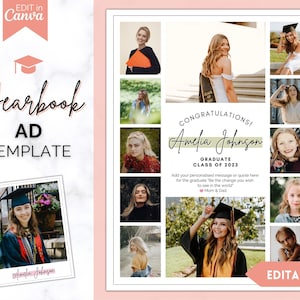 Jaarboeksjabloon, Senior & High School Afstudeeradvertentie, Afstudeeraankondiging, Schooljaarboek, VOLLEDIGE pagina, Fotokaart, Jaarboekadvertentie, 2024 Eerbetoon