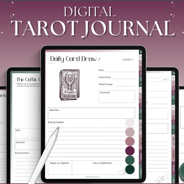 Tarot Journal, DIGITAL Tarot Planner Workbook, Daily Card Reading, Tarot Spreads, Tarot Deck Notebook, Witch, Grimoire, Oracle, GoodNotes