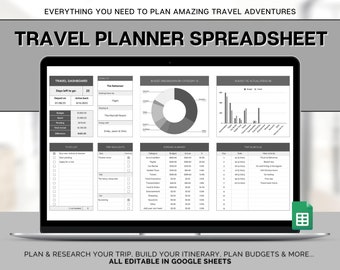 Travel Spreadsheet, Digital Travel Planner, Travel Journal, Trip Itinerary Template, Vacation Travel Budget, Packing List, Google Sheets