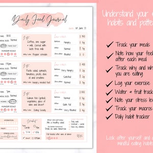 Op de afbeelding: Een roze en wit printbaar dagelijks voedingsdagboek met een sectie voor het bijhouden van maaltijden, hongerniveaus en gevoelens voor en na het eten. Het bevat ook secties voor het bijhouden van hydratatie, fruitinname, stressniveaus, lichaamsbeweging en dagelijkse gewoonten. Het dagboek bevat de tekst "Dagelijks voedingsdagboek" en "Begrijp je eetgewoonten en -patronen".