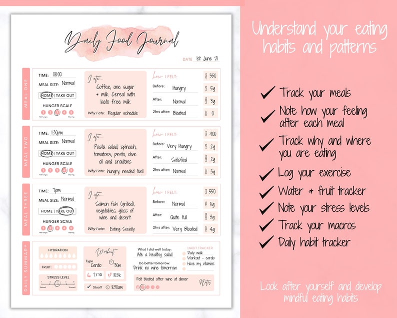 Op de afbeelding: Een roze en wit printbaar dagelijks voedingsdagboek met een sectie voor het bijhouden van maaltijden, hongerniveaus en gevoelens voor en na het eten. Het bevat ook secties voor het bijhouden van hydratatie, fruitinname, stressniveaus, lichaamsbeweging en dagelijkse gewoonten. Het dagboek bevat de tekst "Dagelijks voedingsdagboek" en "Begrijp je eetgewoonten en -patronen".
