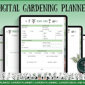 Könnte beinhalten: Ein digitaler Gartenplaner mit einem grün-weißen Farbschema. Der Planer enthält eine Pflanzenkarte, monatliche Planungsseiten und einen Bereich zur Verfolgung von Pflanzen. Der Planer soll Gärtnern helfen, ihre Gärten zu planen und zu verfolgen.