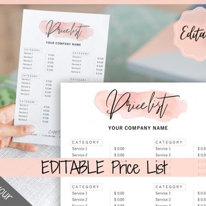 PRICE LIST Template Editable. Printable Price Sheet, Price Guide, Hair Salon, Hairdresser, Beauty, Pink Watercolor, Custom Menu, Pricing