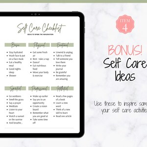 May include: A digital checklist on a tablet screen with the title "Self Care Checklist" and the subtitle "Ideas to Spark the Imagination". The checklist is divided into four categories: Basic, Physical, Emotional, and Spiritual. Each category has a list of self-care activities.
