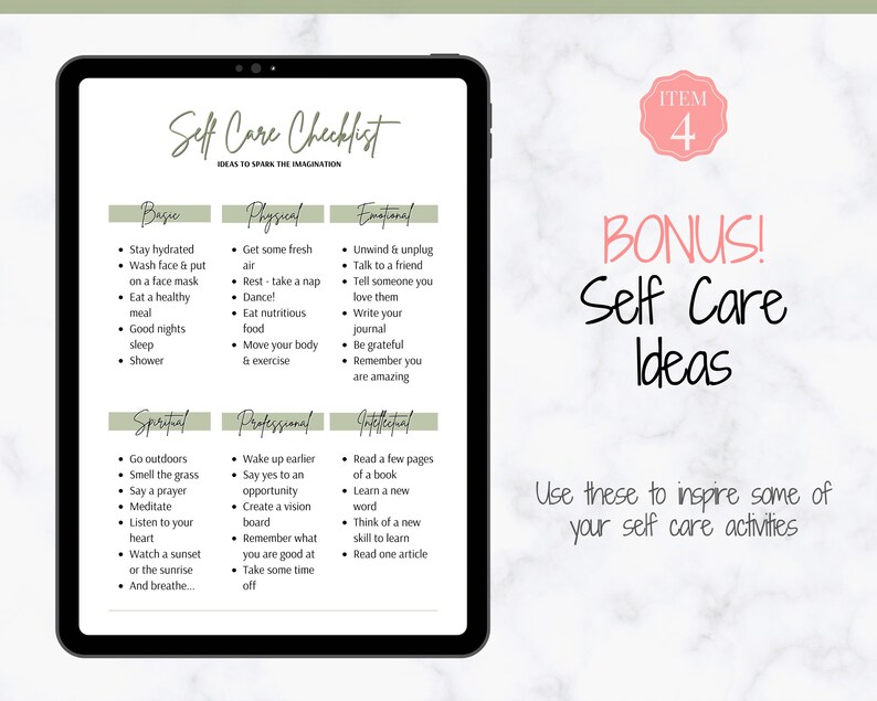May include: A digital checklist on a tablet screen with the title "Self Care Checklist" and the subtitle "Ideas to Spark the Imagination". The checklist is divided into four categories: Basic, Physical, Emotional, and Spiritual. Each category has a list of self-care activities.