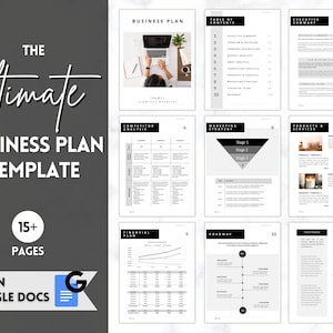 May include: A black and white business plan template with the text "The ultimate business plan template" and "15+ pages". The template includes sections for executive summary, competitor analysis, marketing strategy, products and services, financial plan, roadmap, and sourcing.