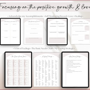 May include: A printable worksheet with a pink background and black text. The worksheet is divided into sections with titles such as "Acknowledge my Accomplishments", "Self Monitoring Record", "Love", and "Healing". The worksheet also includes a section titled "A List of Feelings", "The Basic Needs Chart", and "My Coping Strategy".