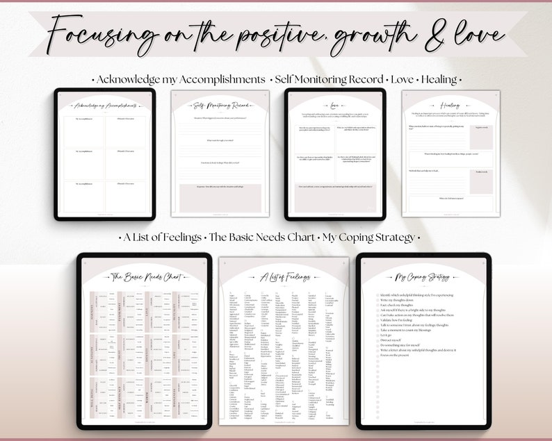 May include: A printable worksheet with a pink background and black text. The worksheet is divided into sections with titles such as "Acknowledge my Accomplishments", "Self Monitoring Record", "Love", and "Healing". The worksheet also includes a section titled "A List of Feelings", "The Basic Needs Chart", and "My Coping Strategy".