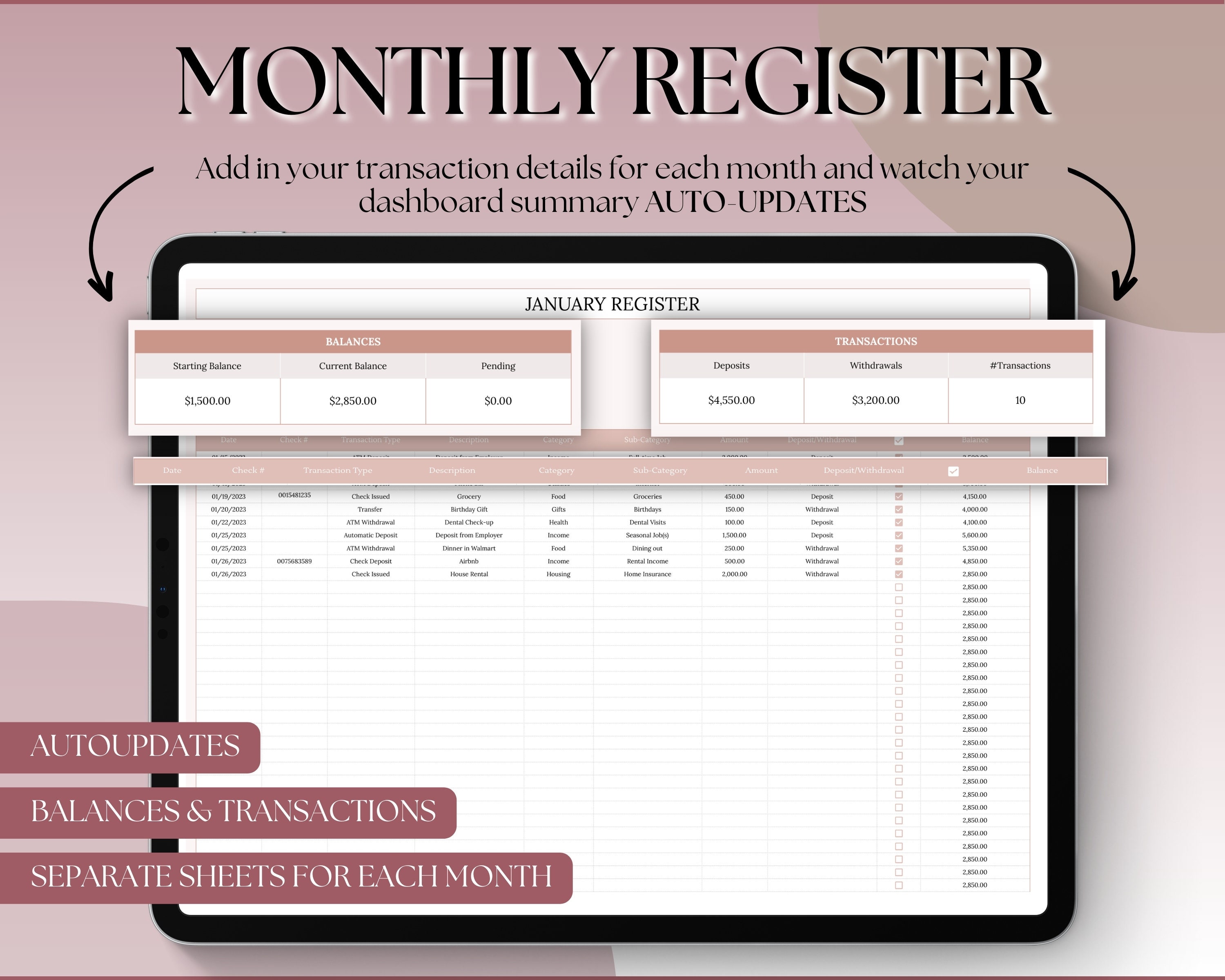 Checkbook Register Spreadsheet, Google Sheets Check Register, Bill ...
