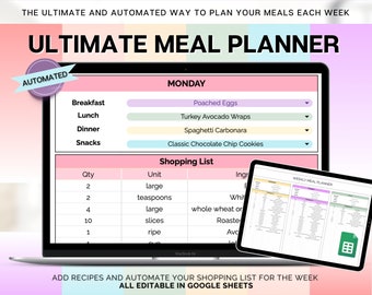 May include: A laptop screen displaying a meal planner template with a pink, green, and blue color scheme. The template includes a weekly meal planner, a shopping list, and a section for adding recipes. The text on the screen reads "Ultimate Meal Planner" and "Automated".