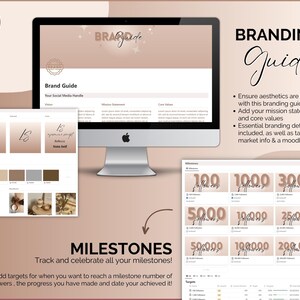 May include: A branding guide template with a pink and brown color scheme. The template includes sections for a brand logo, mission statement, core values, milestones, and targets. The text "Branding Guide" is displayed in a large, bold font at the top of the template.