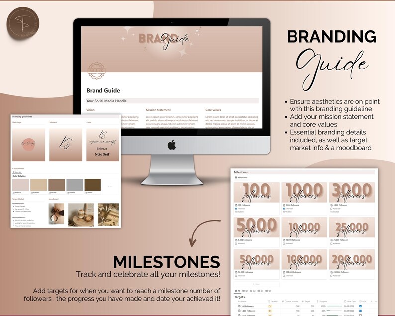 May include: A branding guide template with a pink and brown color scheme. The template includes sections for a brand logo, mission statement, core values, milestones, and targets. The text "Branding Guide" is displayed in a large, bold font at the top of the template.