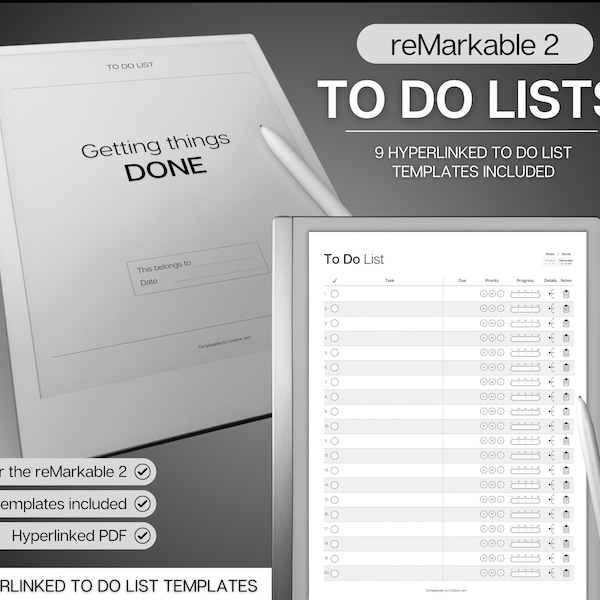 reMarkable 2 Schablonen | Digitale TO DO LISTEN, 9 verlinkte Vorlagen, Wochenplaner, Tagesplaner, adhd to do Liste, Aufgaben