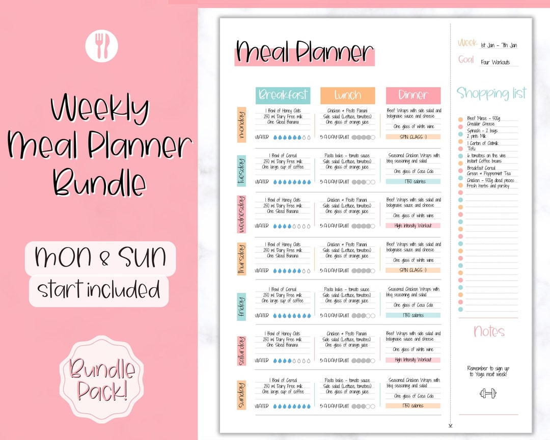 Weekly Meal Planner Printable Food Diary Meal Tracker Food - Etsy Canada