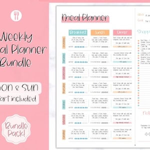 Weekly Meal Planner Printable, Food Diary, Meal Tracker, Food Journal, Menu Plan & Prep, BONUS Grocery List! Diet, Fitness, Health, Pink