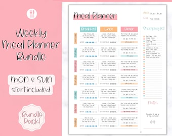 Weekly Meal Planner Printable, Food Diary, Meal Tracker, Food Journal, Menu Plan & Prep, BONUS Grocery List! Diet, Fitness, Health, Pink