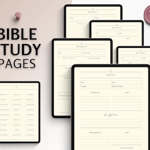 May include: Printable Bible study pages in a digital format. The pages include sections for date, scripture, topic, favorite verse, related passages, notes, moral application, goals, and how can I share this.