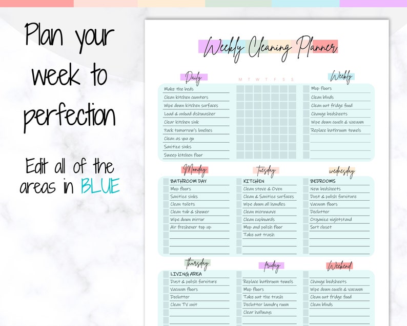 Weekly Cleaning Checklist EDITABLE Schedule Cleaning | Etsy