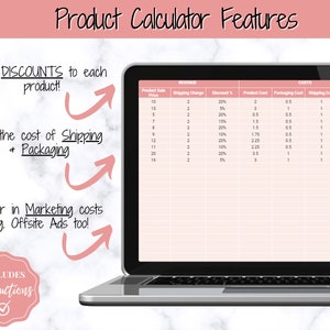 May include: A laptop screen displaying a spreadsheet with columns for product sale price, shipping charge, discount percentage, product cost, packaging cost, shipping cost, and offline ads. The spreadsheet is used to calculate product revenue and costs. The image includes text that says "Product Calculator Features" and "Includes Instructions".