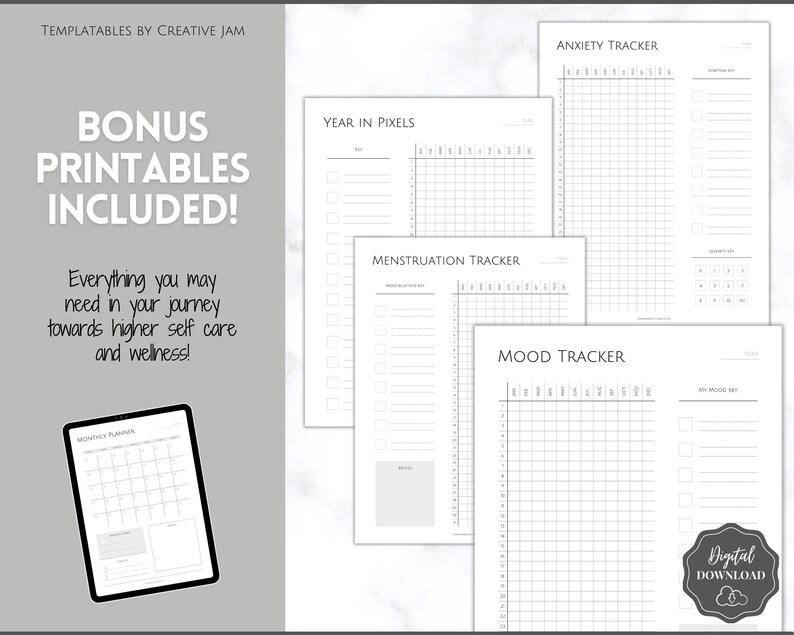 K&ouml;nnte beinhalten: Ein Satz druckbarer digitaler Downloads zum Verfolgen von Stimmung, Angst, Menstruation und Jahr in Pixeln. Der Text "Bonus Printables Included!" wird in der oberen linken Ecke des Bildes angezeigt. Der Text "Everything you may need in your journey towards higher self care and wellness!" wird in der unteren linken Ecke des Bildes angezeigt.