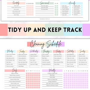 Op de afbeelding: Een afdrukbare checklist voor een schoonmaakschema met een roze, blauwe en groene kleurstelling. De checklist bevat dagelijkse, wekelijkse en maandelijkse schoonmaaktaken. De tekst "TIDY UP AND KEEP TRACK" staat bovenaan de pagina.