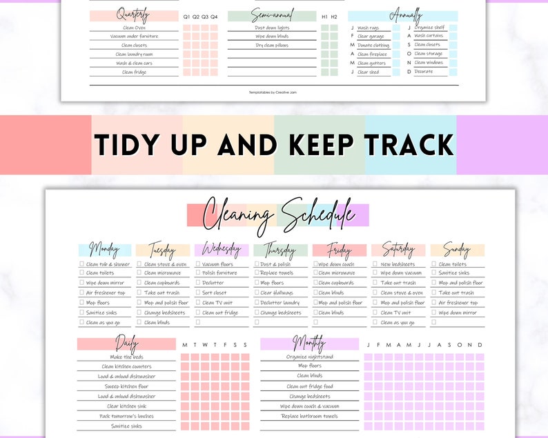 Op de afbeelding: Een afdrukbare checklist voor een schoonmaakschema met een roze, blauwe en groene kleurstelling. De checklist bevat dagelijkse, wekelijkse en maandelijkse schoonmaaktaken. De tekst "TIDY UP AND KEEP TRACK" staat bovenaan de pagina.