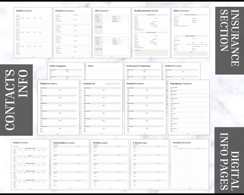 Puede incluir: P&aacute;ginas de informaci&oacute;n digital con secciones para contactos, seguros y otra informaci&oacute;n importante. Las p&aacute;ginas incluyen secciones para proveedores de atenci&oacute;n m&eacute;dica, seguros de propiedad y contactos de emergencia. Las p&aacute;ginas est&aacute;n dise&ntilde;adas para ser f&aacute;ciles de completar.