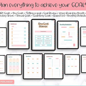 May include: A digital planner with a pink and blue colour scheme. The planner includes sections for SMART goals, monthly reflections, vision boards, and more. The text "My Goal Planner" is at the top of the planner.
